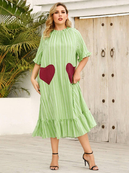 Frilled Heart Stripe Half Sleeve Dress for Curvy WomenFrilled Heart Stripe Half Sleeve Dress for Curvy Women
 Step into the spotlight with our Frilled Heart Stripe Half Sleeve Dress, tailored for curvy women who embraceLove Salve Frilled Heart Stripe Half Sleeve Dressplus