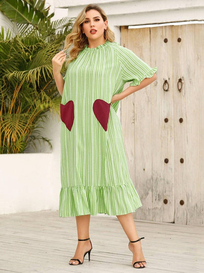 Frilled Heart Stripe Half Sleeve Dress for Curvy WomenFrilled Heart Stripe Half Sleeve Dress for Curvy Women
 Step into the spotlight with our Frilled Heart Stripe Half Sleeve Dress, tailored for curvy women who embraceLove Salve Frilled Heart Stripe Half Sleeve Dressplus