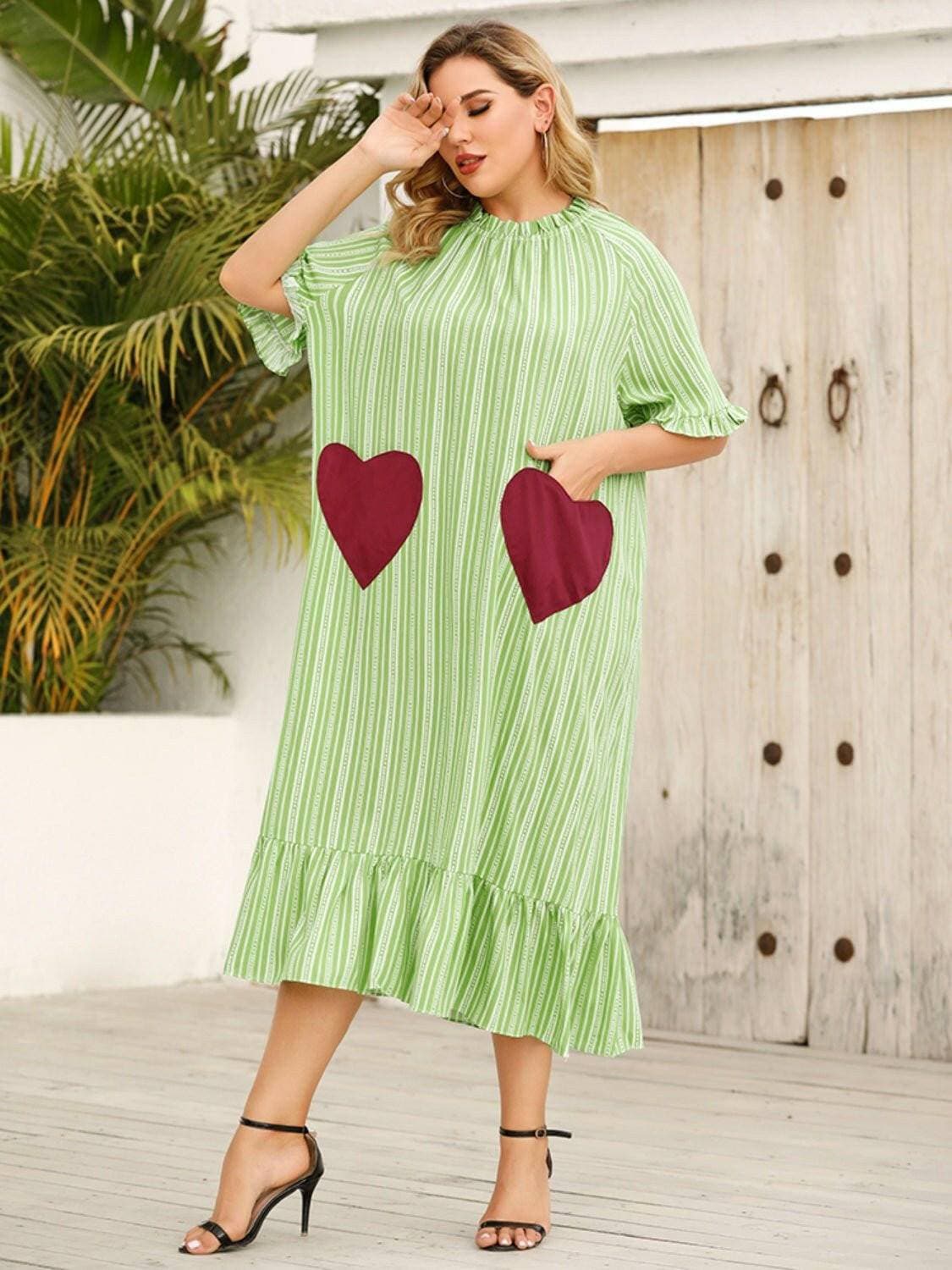 Frilled Heart Stripe Half Sleeve Dress for Curvy WomenFrilled Heart Stripe Half Sleeve Dress for Curvy Women
 Step into the spotlight with our Frilled Heart Stripe Half Sleeve Dress, tailored for curvy women who embraceLove Salve Frilled Heart Stripe Half Sleeve Dressplus