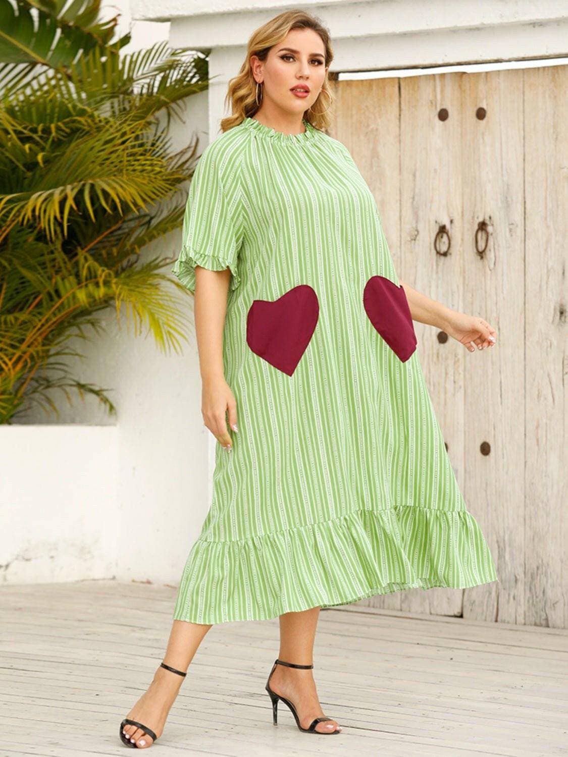 Frilled Heart Stripe Half Sleeve Dress for Curvy WomenFrilled Heart Stripe Half Sleeve Dress for Curvy Women
 Step into the spotlight with our Frilled Heart Stripe Half Sleeve Dress, tailored for curvy women who embraceLove Salve Frilled Heart Stripe Half Sleeve Dressplus