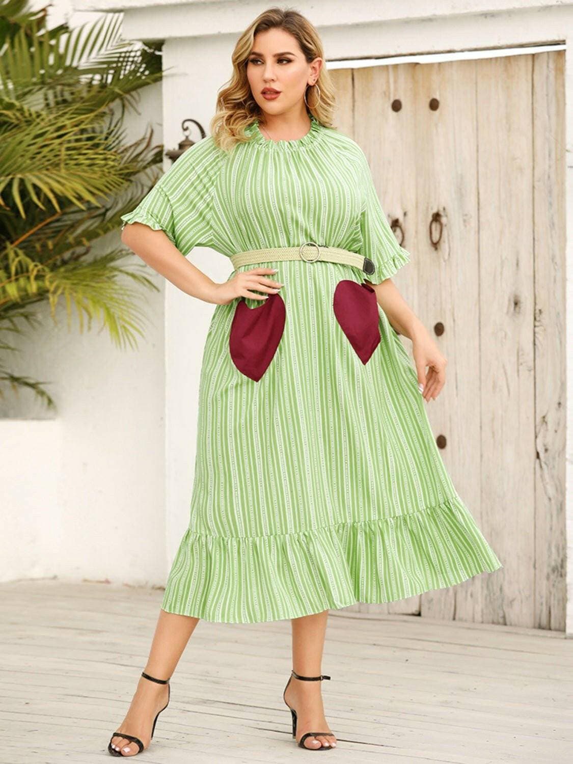 Frilled Heart Stripe Half Sleeve Dress for Curvy WomenFrilled Heart Stripe Half Sleeve Dress for Curvy Women
 Step into the spotlight with our Frilled Heart Stripe Half Sleeve Dress, tailored for curvy women who embraceLove Salve Frilled Heart Stripe Half Sleeve Dressplus