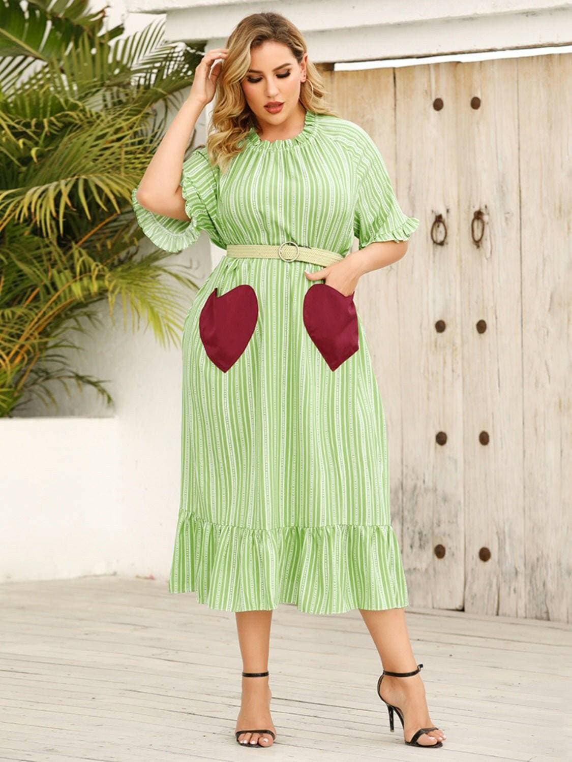 Frilled Heart Stripe Half Sleeve Dress for Curvy WomenFrilled Heart Stripe Half Sleeve Dress for Curvy Women
 Step into the spotlight with our Frilled Heart Stripe Half Sleeve Dress, tailored for curvy women who embraceLove Salve Frilled Heart Stripe Half Sleeve Dressplus