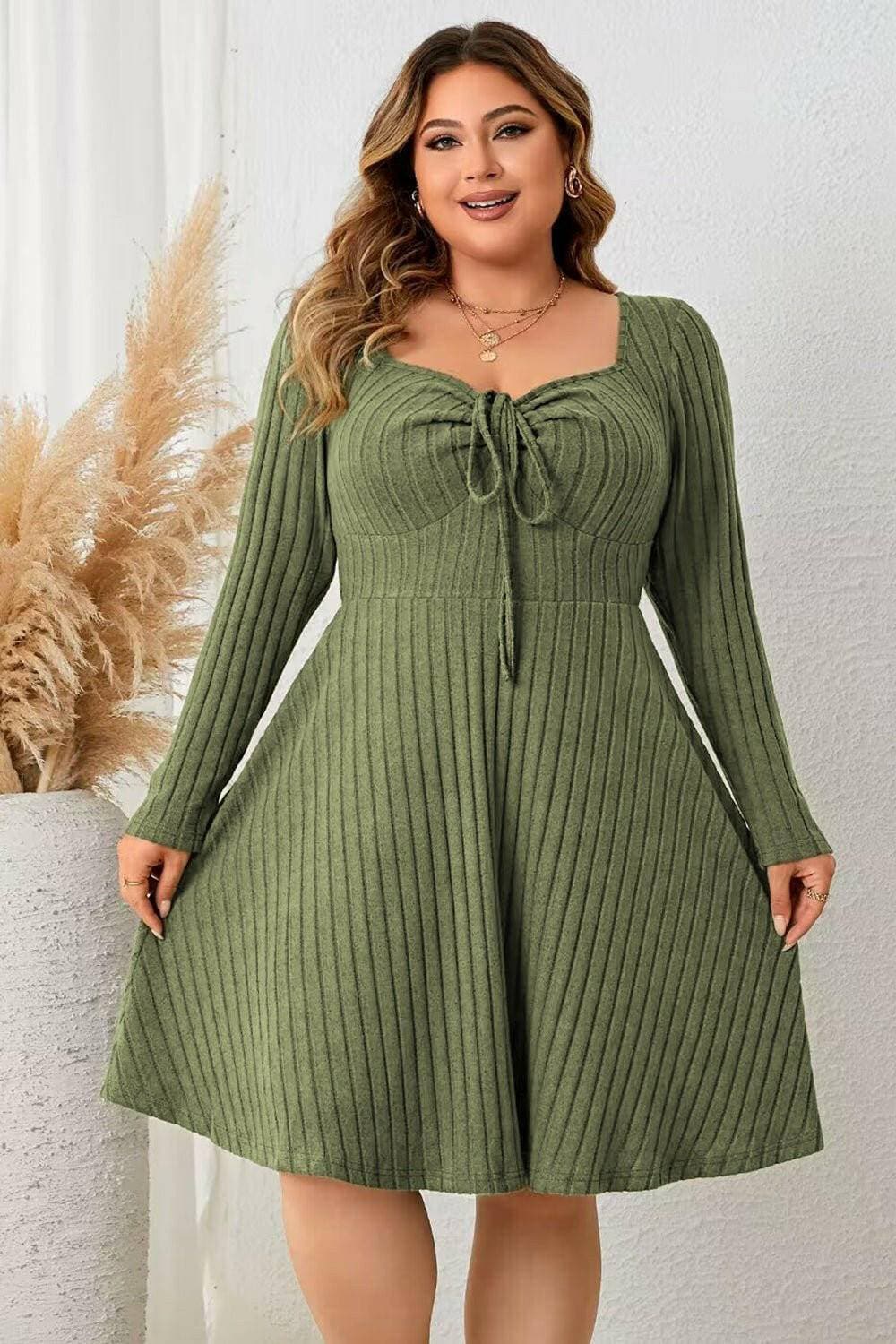 Curve Embracing Sweetheart Neckline Ribbed Dress with Long SleevesEnhance Your Curves with Style
 Step into sophistication with our Curve Embracing Sweetheart Neckline Ribbed Dress. This dress is designed to hug your curves in all Love Salve Curve Embracing Sweetheart Neckline Ribbed Dressplus