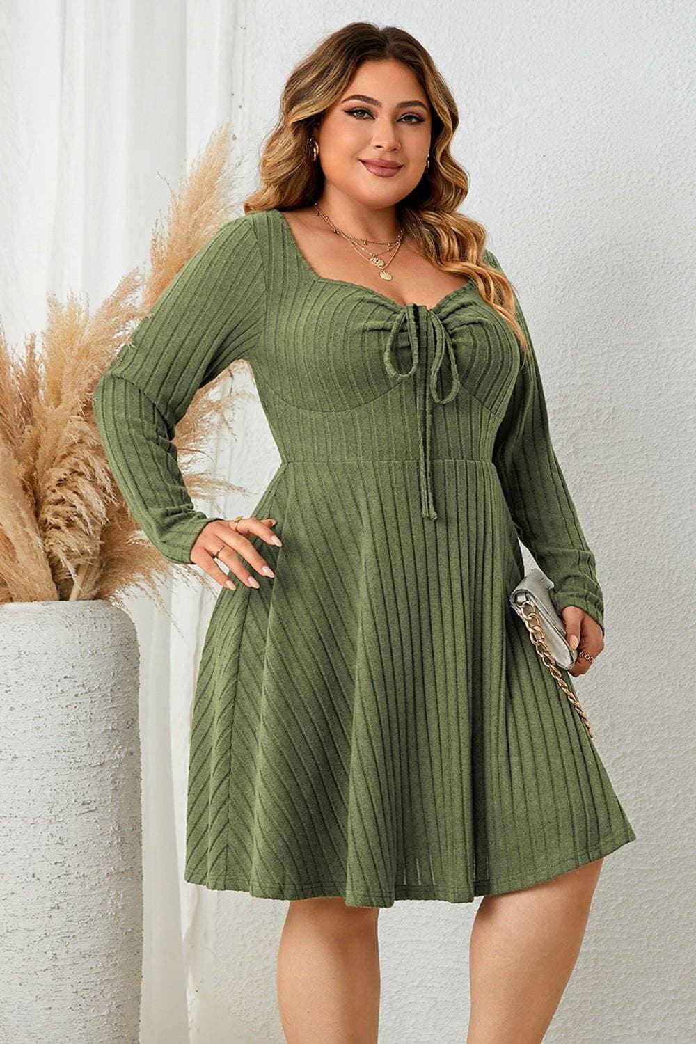 Curve Embracing Sweetheart Neckline Ribbed Dress with Long SleevesEnhance Your Curves with Style
 Step into sophistication with our Curve Embracing Sweetheart Neckline Ribbed Dress. This dress is designed to hug your curves in all Love Salve Curve Embracing Sweetheart Neckline Ribbed Dressplus