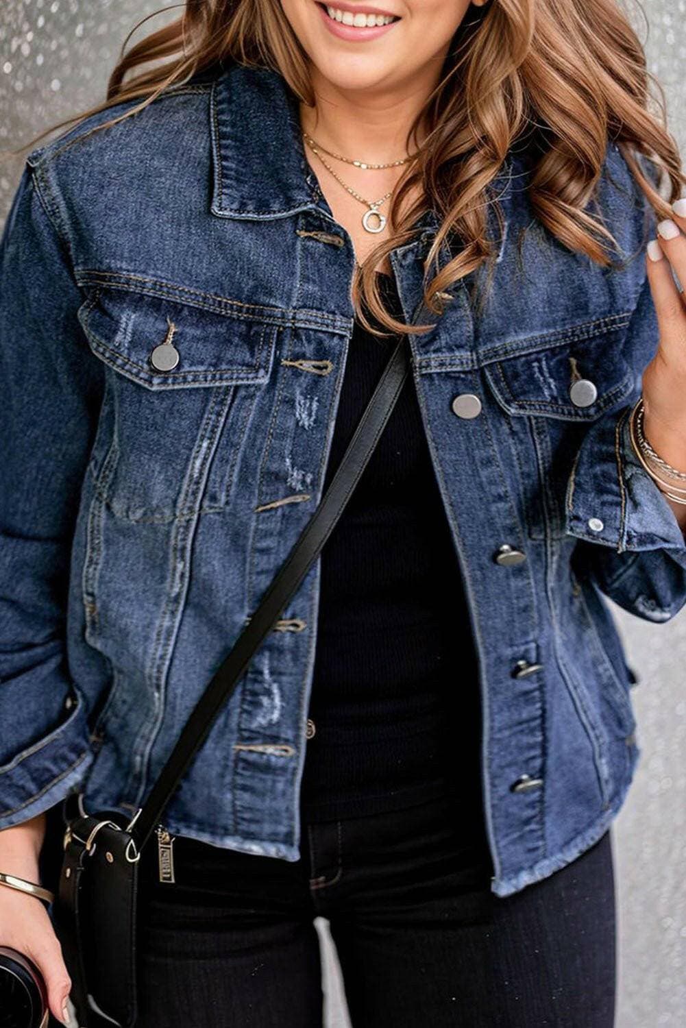 Distressed Plus Size Denim Jacket with Raw Hem and Button UpDistressed Plus Size Denim Jacket with Raw Hem and Button Up
 Upgrade your style and elevate your casual look with our Distressed Plus Size Denim Jacket. This trendyLove Salve Size Denim Jacketplus