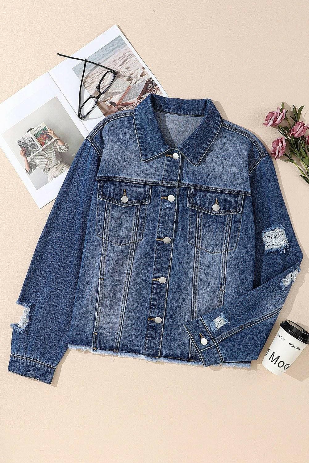 Distressed Plus Size Denim Jacket with Raw Hem and Button UpDistressed Plus Size Denim Jacket with Raw Hem and Button Up
 Upgrade your style and elevate your casual look with our Distressed Plus Size Denim Jacket. This trendyLove Salve Size Denim Jacketplus