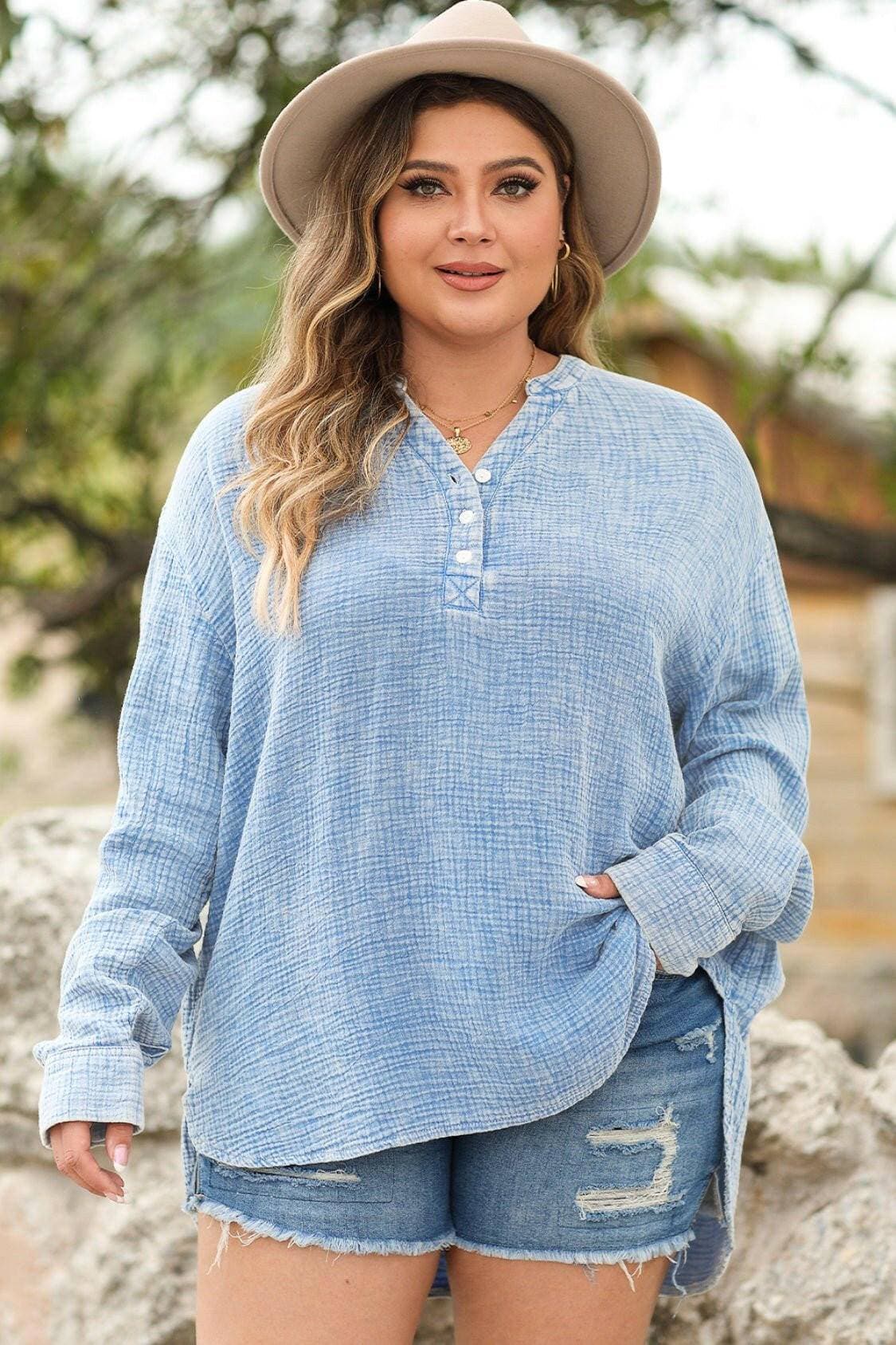 Curvy Chic Button-Up Cotton Blouse with Long SleevesUpgrade Your Wardrobe with Our Curvy Chic Cotton Blouse
 
 
Style: Elevate your look with this basic yet stylish button-up blouse
 
Material: Crafted from 100% cottoLove Salve Curvy Chic Button-plus