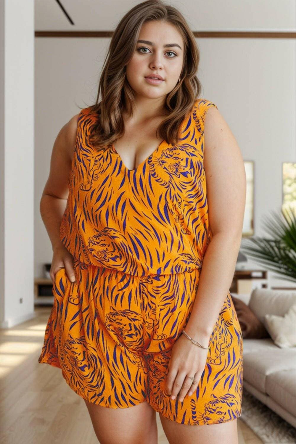 Wild and chic: Plus size sleeveless tiger print romper with V-neck design