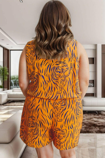 Wild and chic: Plus size sleeveless tiger print romper with V-neck design