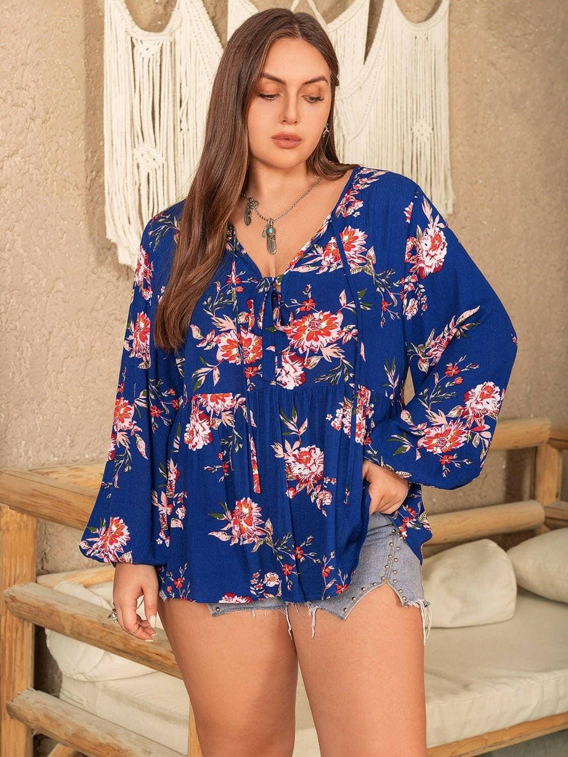 Curvy Chic Printed Tie Neck Balloon Sleeve BlouseCurvy Chic Printed Tie Neck Balloon Sleeve Blouse
 Step into effortless elegance with our Curvy Chic Printed Tie Neck Balloon Sleeve Blouse, a true style statement tLove Salve Curvy Chic Printed Tie Neck Balloon Sleeve Blouseplus