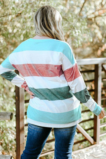 Chic striped sheer long sleeve plus size tee with stylish slit details