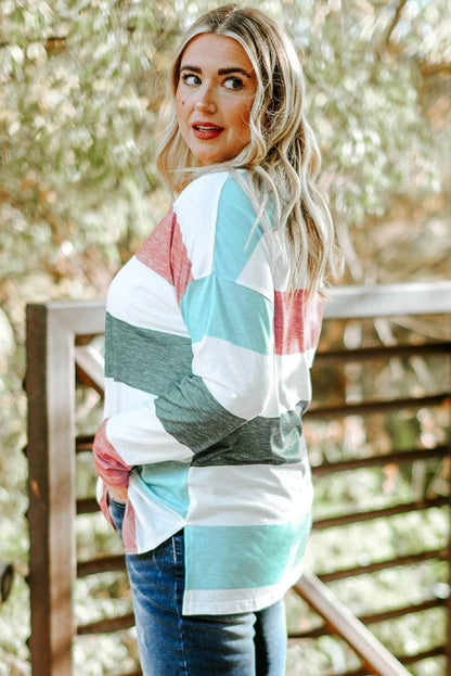 Chic striped sheer long sleeve plus size tee with stylish slit details