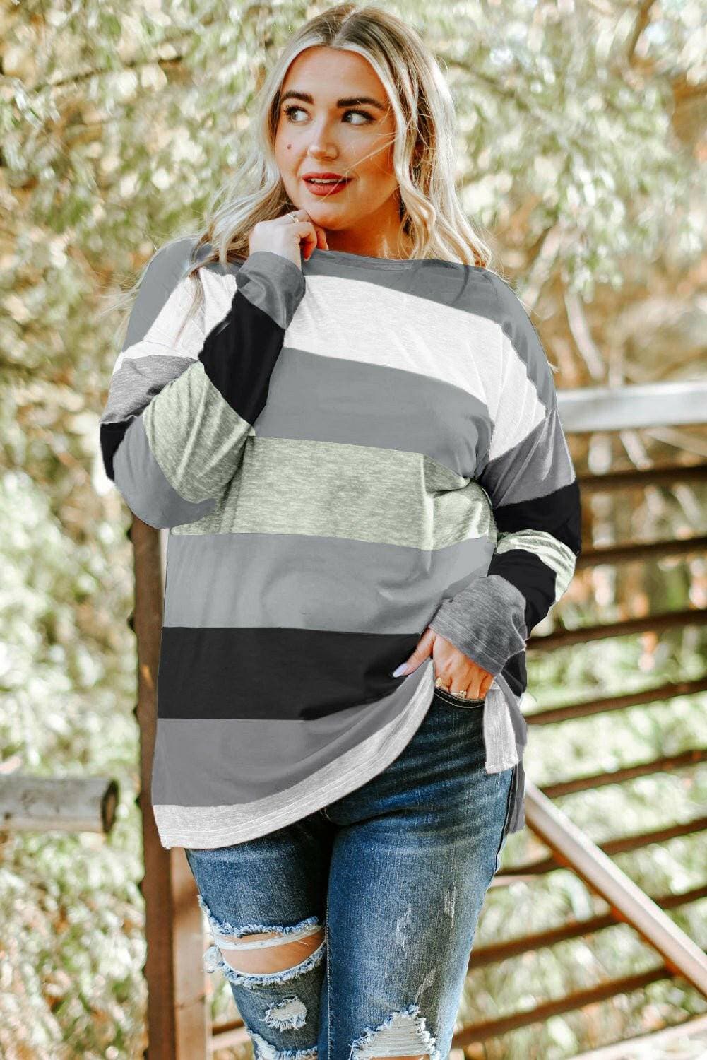 Chic striped sheer long sleeve plus size tee with stylish slit details