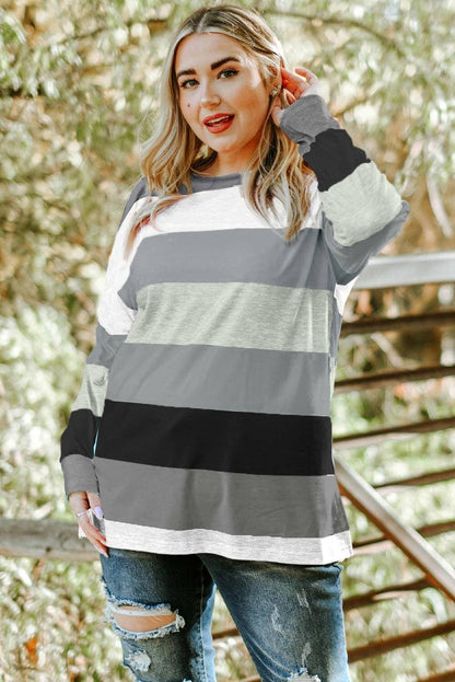 Chic striped sheer long sleeve plus size tee with stylish slit details