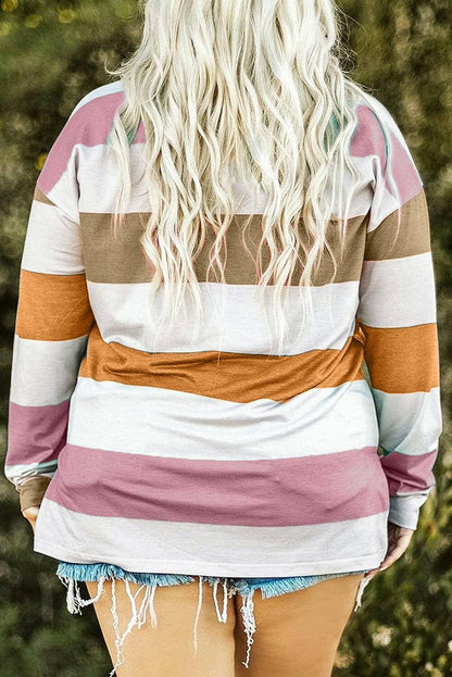 Chic striped sheer long sleeve plus size tee with stylish slit details