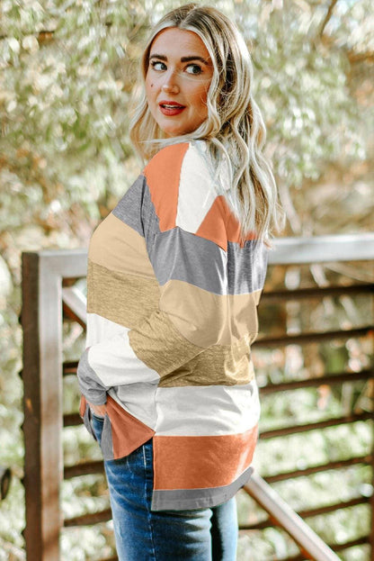 Chic striped sheer long sleeve plus size tee with stylish slit details