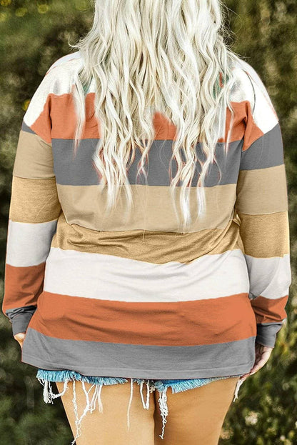 Chic striped sheer long sleeve plus size tee with stylish slit details