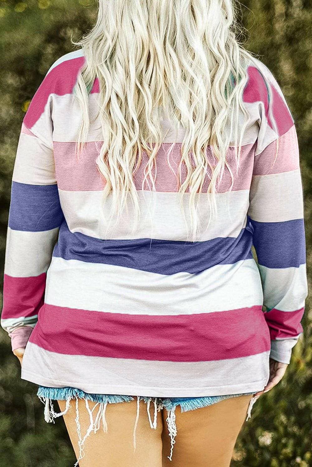 Chic striped sheer long sleeve plus size tee with stylish slit details