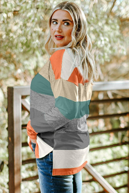 Chic striped sheer long sleeve plus size tee with stylish slit details