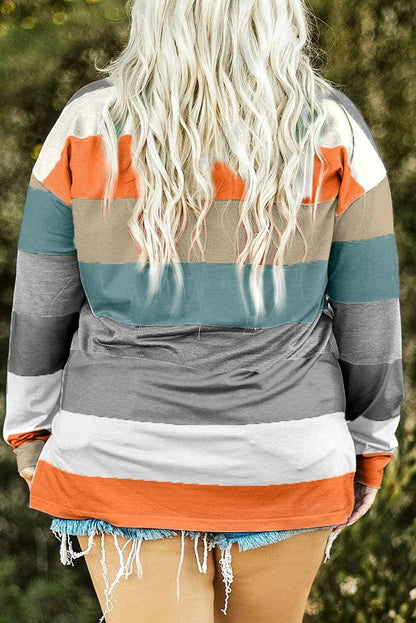 Chic striped sheer long sleeve plus size tee with stylish slit details