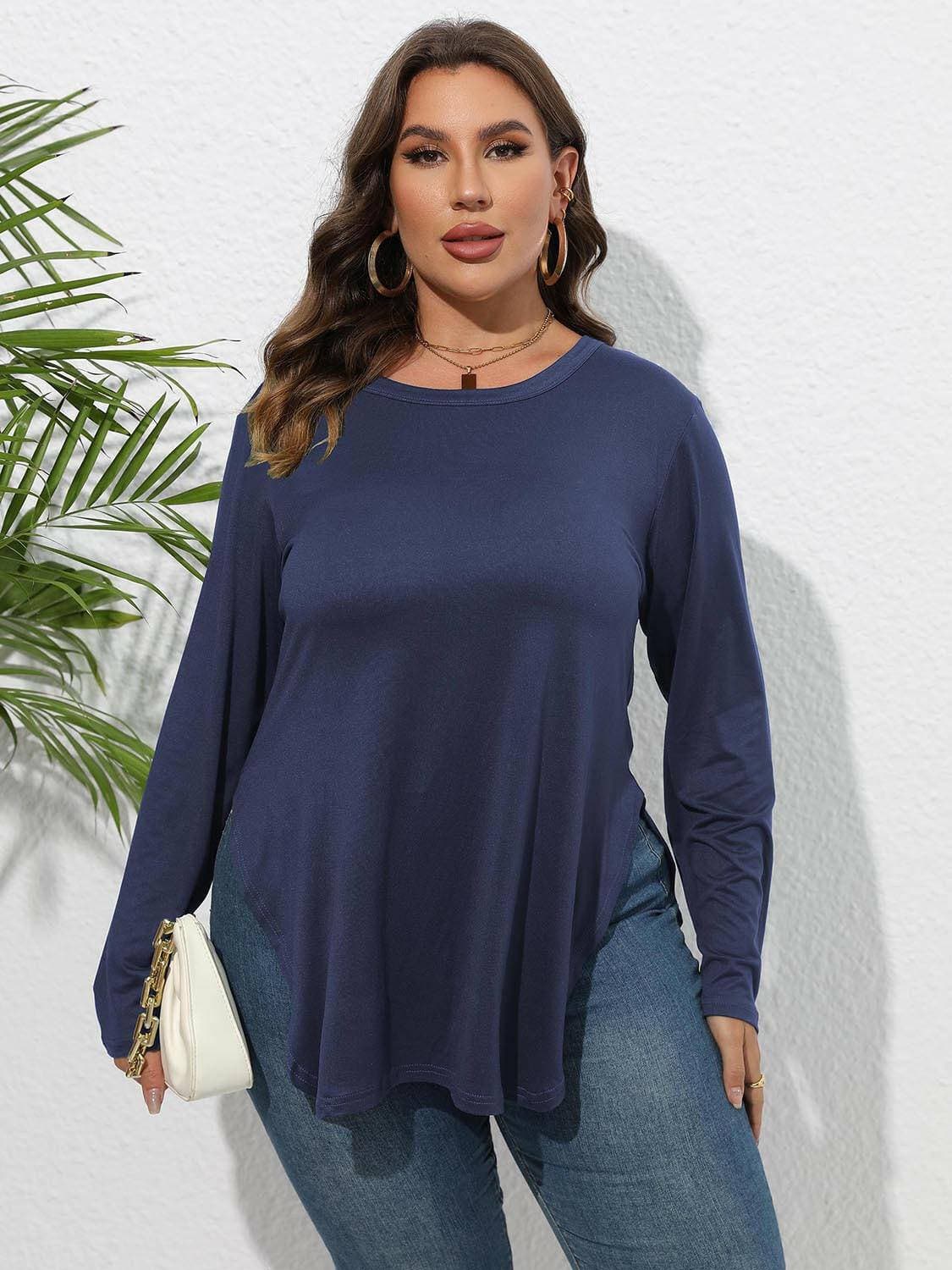 Round Neck Plus Size Slit T-Shirt with Long Sheer SleevesRound Neck Plus Size Slit T-Shirt with Long Sheer Sleeves
 
 Upgrade Your Wardrobe with Style and Comfort
 
 
 
Chic Design: Elevate your look with this trendy RoundLove Salve Long Sheer Sleevesplus