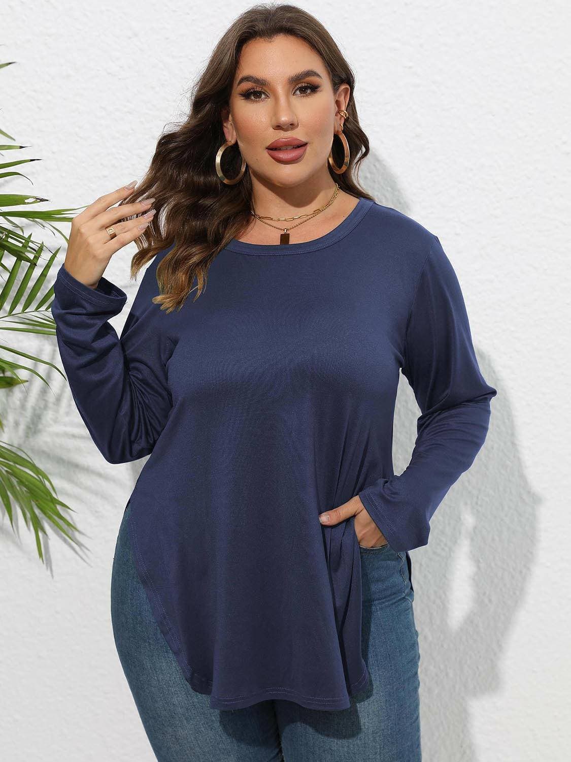 Round Neck Plus Size Slit T-Shirt with Long Sheer SleevesRound Neck Plus Size Slit T-Shirt with Long Sheer Sleeves
 
 Upgrade Your Wardrobe with Style and Comfort
 
 
 
Chic Design: Elevate your look with this trendy RoundLove Salve Long Sheer Sleevesplus