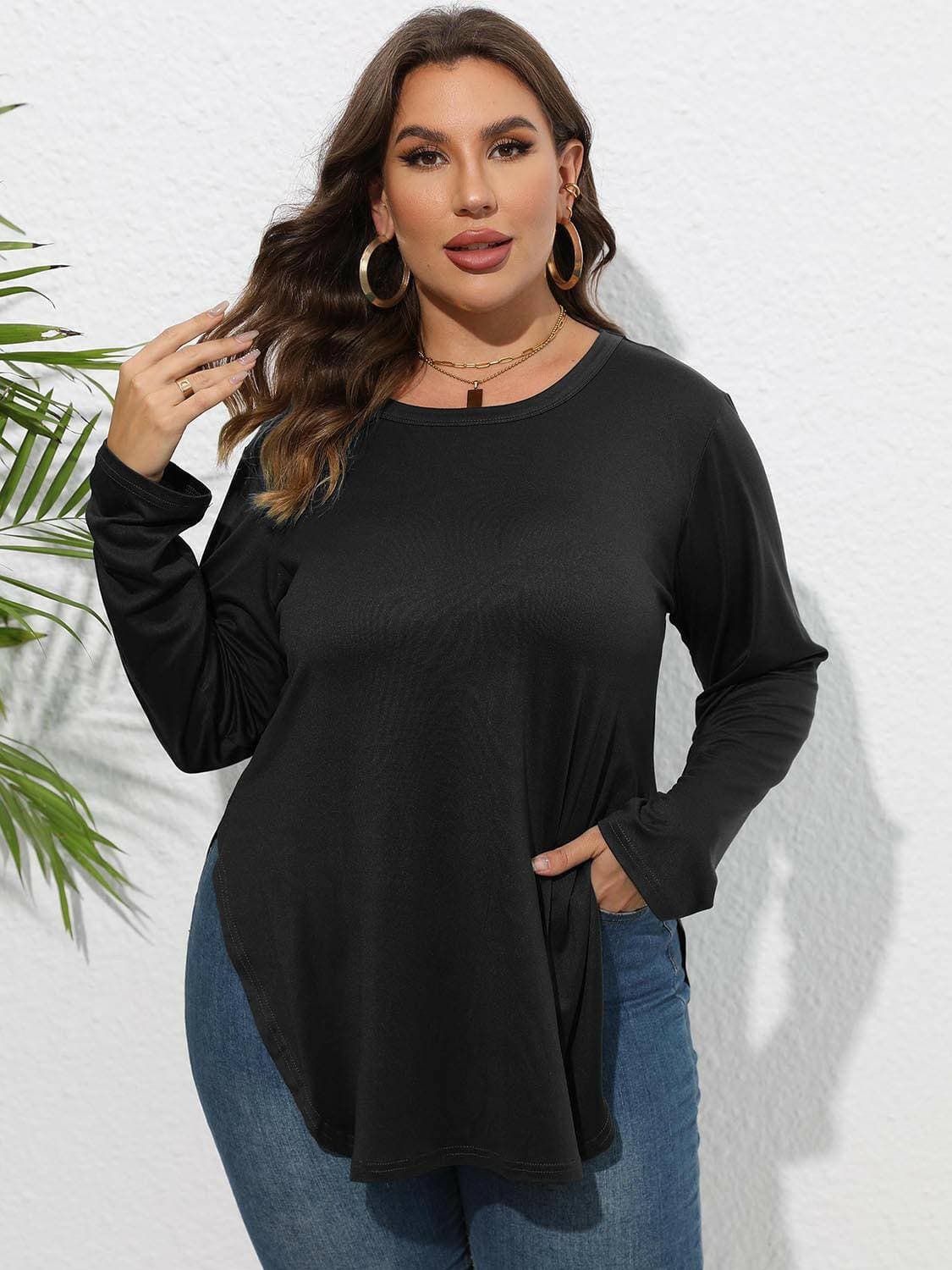 Round Neck Plus Size Slit T-Shirt with Long Sheer SleevesRound Neck Plus Size Slit T-Shirt with Long Sheer Sleeves
 
 Upgrade Your Wardrobe with Style and Comfort
 
 
 
Chic Design: Elevate your look with this trendy RoundLove Salve Long Sheer Sleevesplus