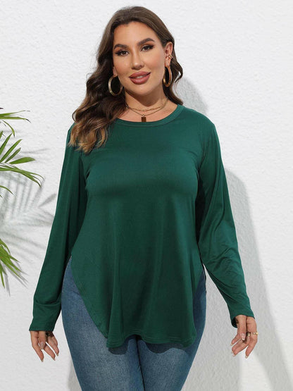 Round Neck Plus Size Slit T-Shirt with Long Sheer SleevesRound Neck Plus Size Slit T-Shirt with Long Sheer Sleeves
 
 Upgrade Your Wardrobe with Style and Comfort
 
 
 
Chic Design: Elevate your look with this trendy RoundLove Salve Long Sheer Sleevesplus