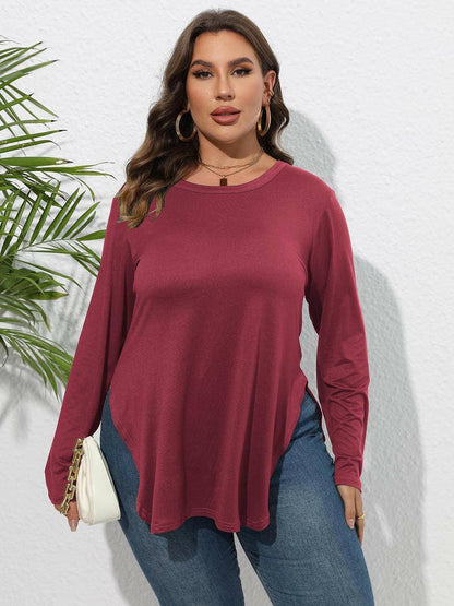 Round Neck Plus Size Slit T-Shirt with Long Sheer SleevesRound Neck Plus Size Slit T-Shirt with Long Sheer Sleeves
 
 Upgrade Your Wardrobe with Style and Comfort
 
 
 
Chic Design: Elevate your look with this trendy RoundLove Salve Long Sheer Sleevesplus