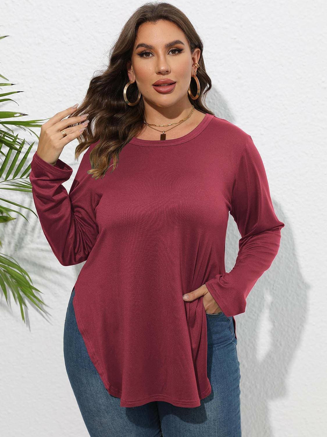 Round Neck Plus Size Slit T-Shirt with Long Sheer SleevesRound Neck Plus Size Slit T-Shirt with Long Sheer Sleeves
 
 Upgrade Your Wardrobe with Style and Comfort
 
 
 
Chic Design: Elevate your look with this trendy RoundLove Salve Long Sheer Sleevesplus