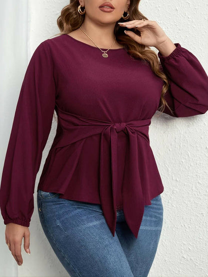 Chic tie-front sheer blouse for plus sizes with long sleeves