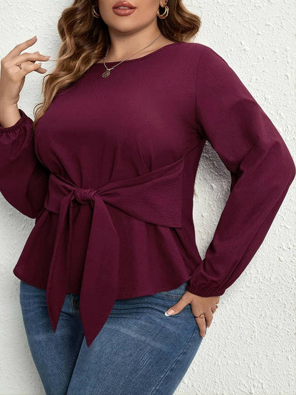 Chic tie-front sheer blouse for plus sizes with long sleeves