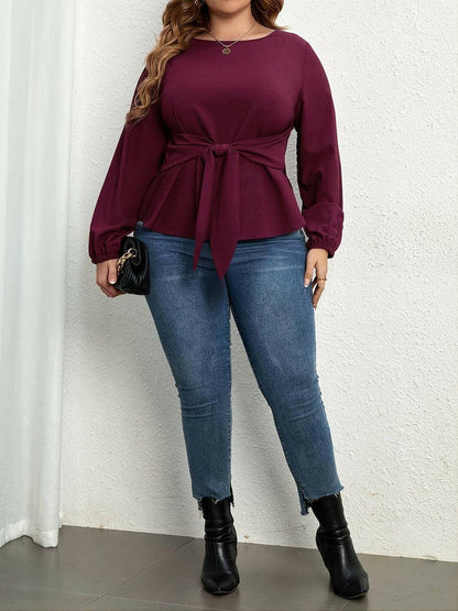 Chic tie-front sheer blouse for plus sizes with long sleeves