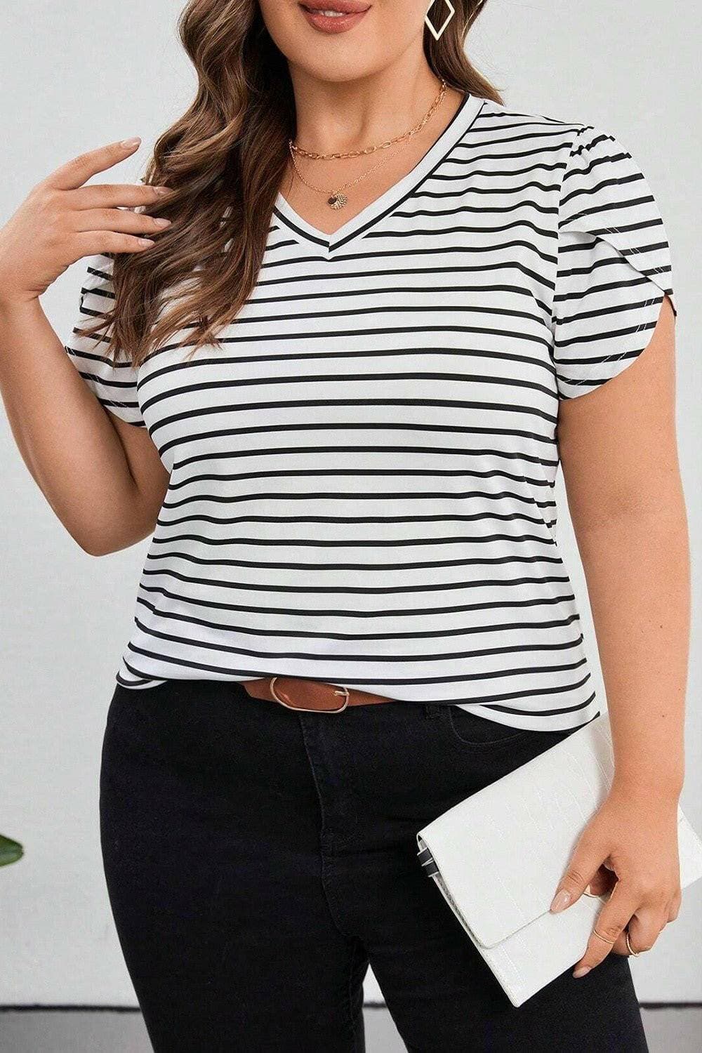 Striped V-Neck Plus Size Short Sleeve TeeUpgrade Your Wardrobe with Our Striped V-Neck Plus Size Short Sleeve Tee
 Classic yet Stylish:
 
 Embrace the charm of basic style with a twist in our Striped V-NeckLove Salve Size Short Sleeve Teeplus