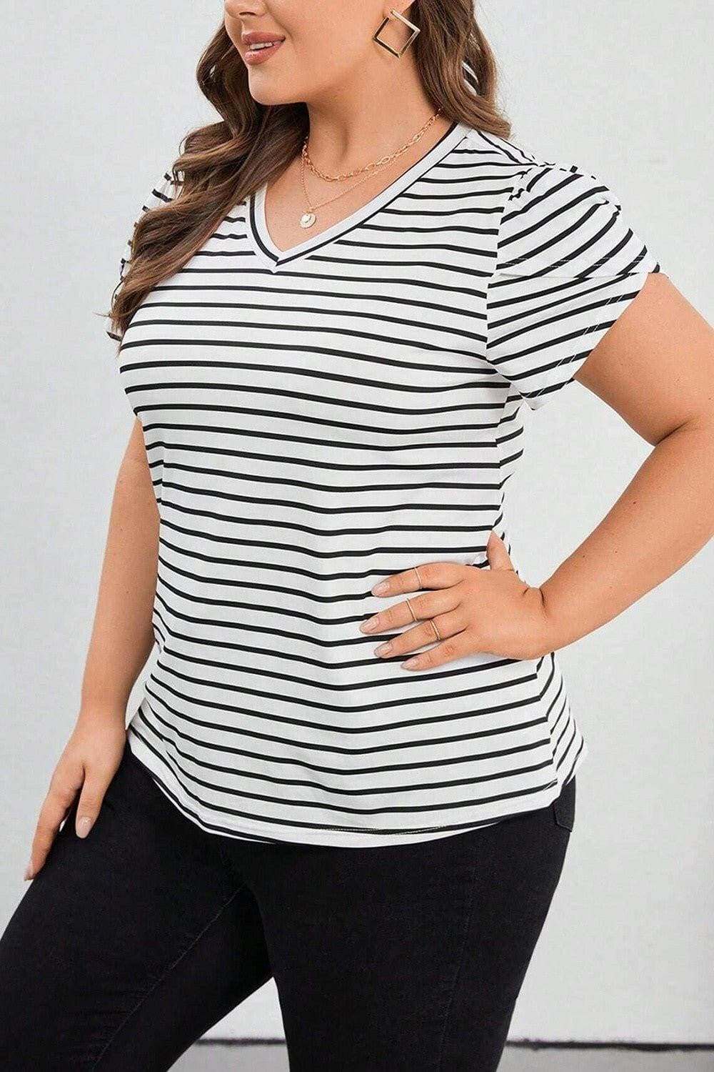 Striped V-Neck Plus Size Short Sleeve TeeUpgrade Your Wardrobe with Our Striped V-Neck Plus Size Short Sleeve Tee
 Classic yet Stylish:
 
 Embrace the charm of basic style with a twist in our Striped V-NeckLove Salve Size Short Sleeve Teeplus