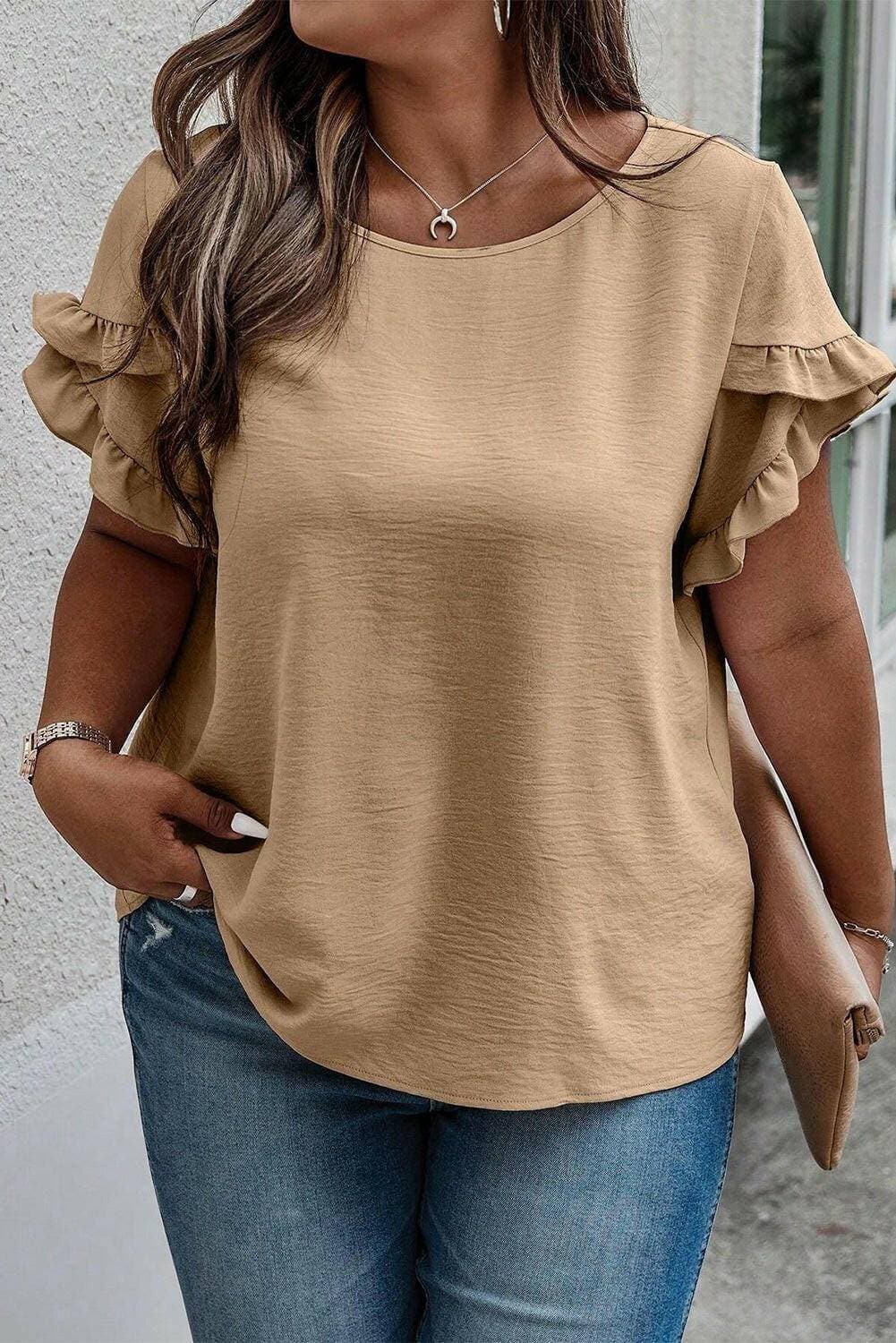 Ruffled Petal Sleeve Plus Size Round Neck Sheer T-ShirtRuffled Petal Sleeve Plus Size Round Neck Sheer T-Shirt
 Upgrade your wardrobe with the perfect blend of style and comfort - the Ruffled Petal Sleeve Plus Size RoundLove Salve Size Round Neck Sheerplus