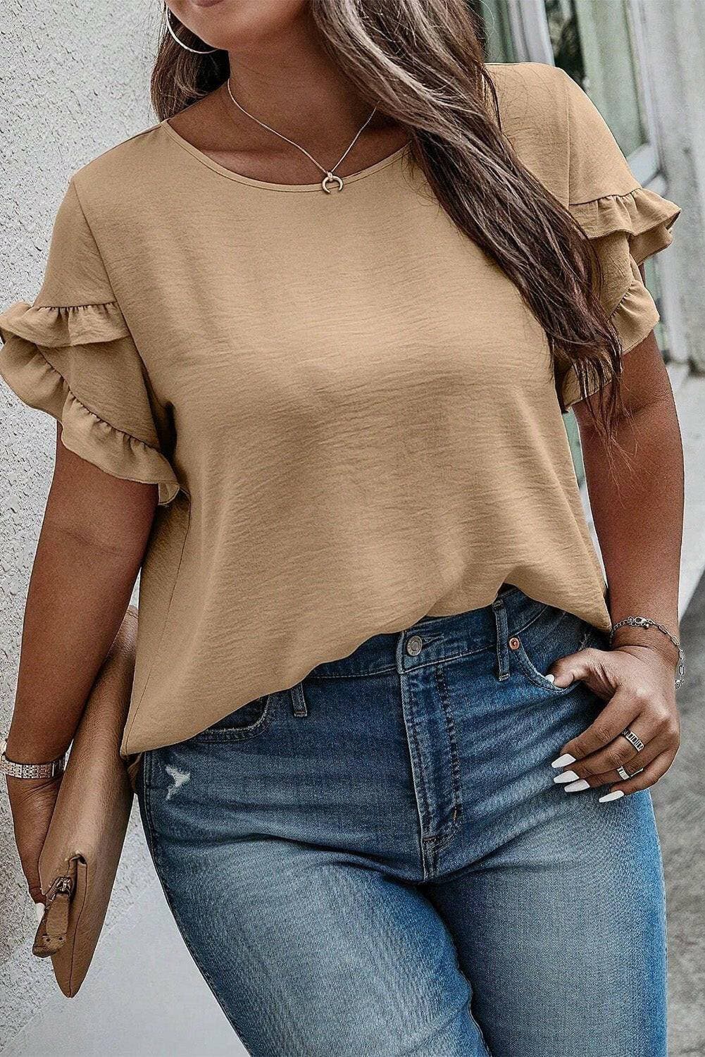 Ruffled Petal Sleeve Plus Size Round Neck Sheer T-ShirtRuffled Petal Sleeve Plus Size Round Neck Sheer T-Shirt
 Upgrade your wardrobe with the perfect blend of style and comfort - the Ruffled Petal Sleeve Plus Size RoundLove Salve Size Round Neck Sheerplus