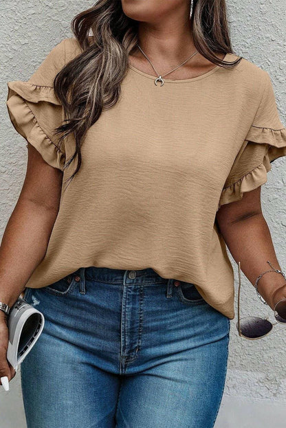 Ruffled Petal Sleeve Plus Size Round Neck Sheer T-ShirtRuffled Petal Sleeve Plus Size Round Neck Sheer T-Shirt
 Upgrade your wardrobe with the perfect blend of style and comfort - the Ruffled Petal Sleeve Plus Size RoundLove Salve Size Round Neck Sheerplus