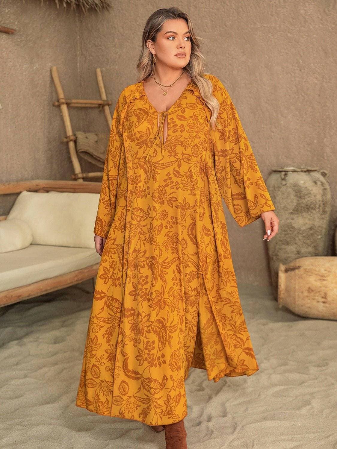 Elegant Printed Plus Size Slit Long Sleeve DressUpgrade Your Wardrobe with Style: Elegant Printed Plus Size Slit Long Sleeve Dress
 
 Embrace elegance and sophistication with this stunning printed dress
 FeaturingLove Salve Size Slit Long Sleeve Dressplus