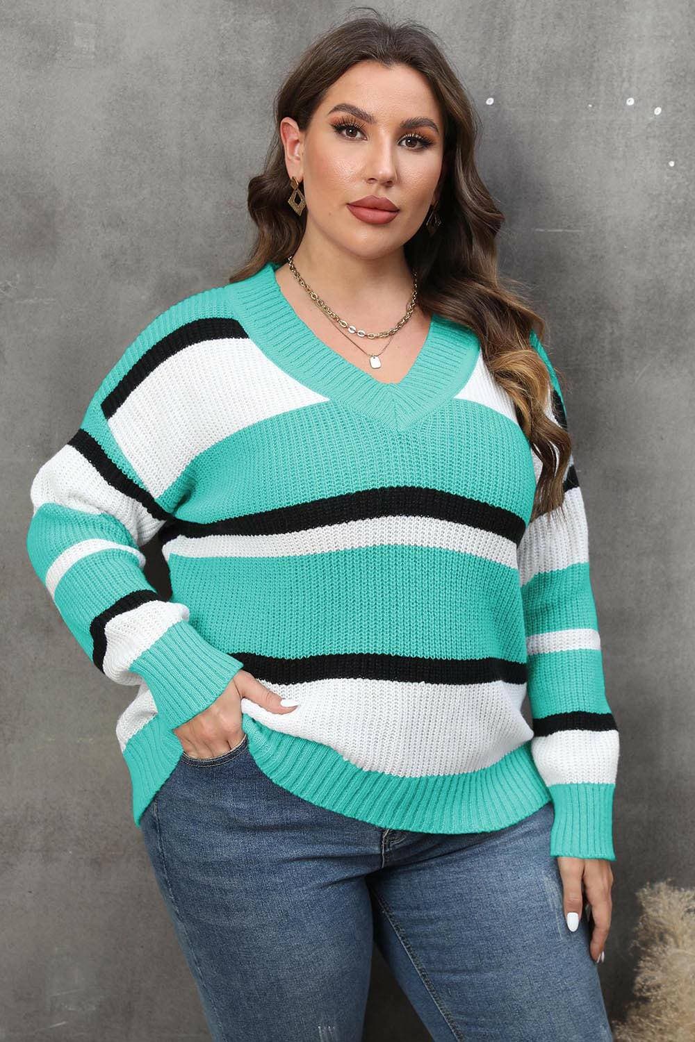 Cozy Striped V-Neck Oversized SweaterStay Stylish and Comfy with Our Cozy Striped V-Neck Oversized Sweater
 Upgrade your wardrobe with our Cozy Striped V-Neck Oversized Sweater, perfect for both lounginLove Salve -Neck Oversized Sweaterplus