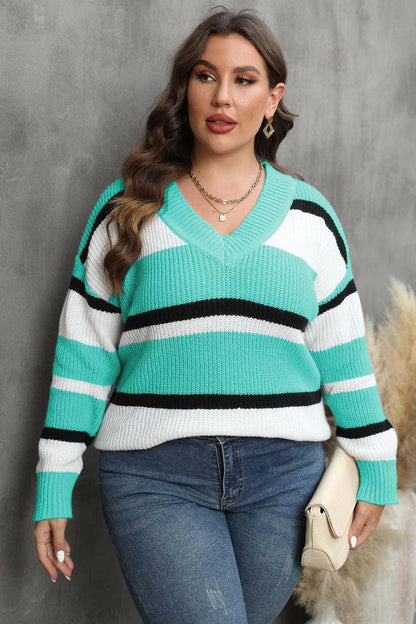 Cozy Striped V-Neck Oversized SweaterStay Stylish and Comfy with Our Cozy Striped V-Neck Oversized Sweater
 Upgrade your wardrobe with our Cozy Striped V-Neck Oversized Sweater, perfect for both lounginLove Salve -Neck Oversized Sweaterplus