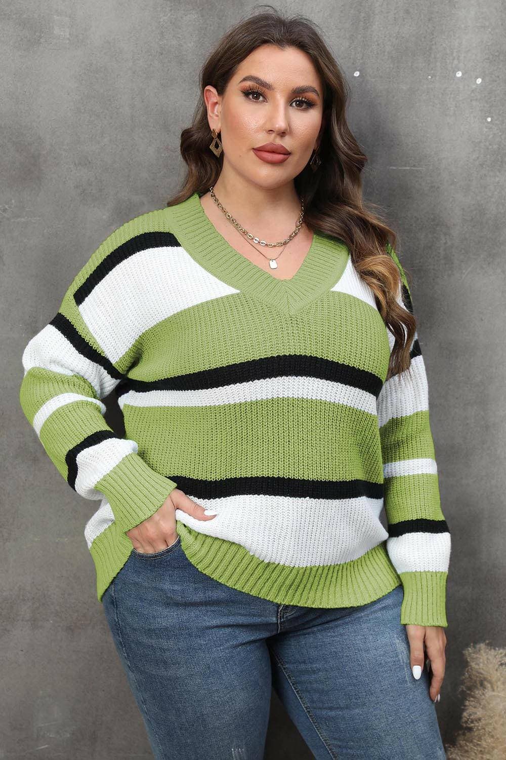 Cozy Striped V-Neck Oversized SweaterStay Stylish and Comfy with Our Cozy Striped V-Neck Oversized Sweater
 Upgrade your wardrobe with our Cozy Striped V-Neck Oversized Sweater, perfect for both lounginLove Salve -Neck Oversized Sweaterplus