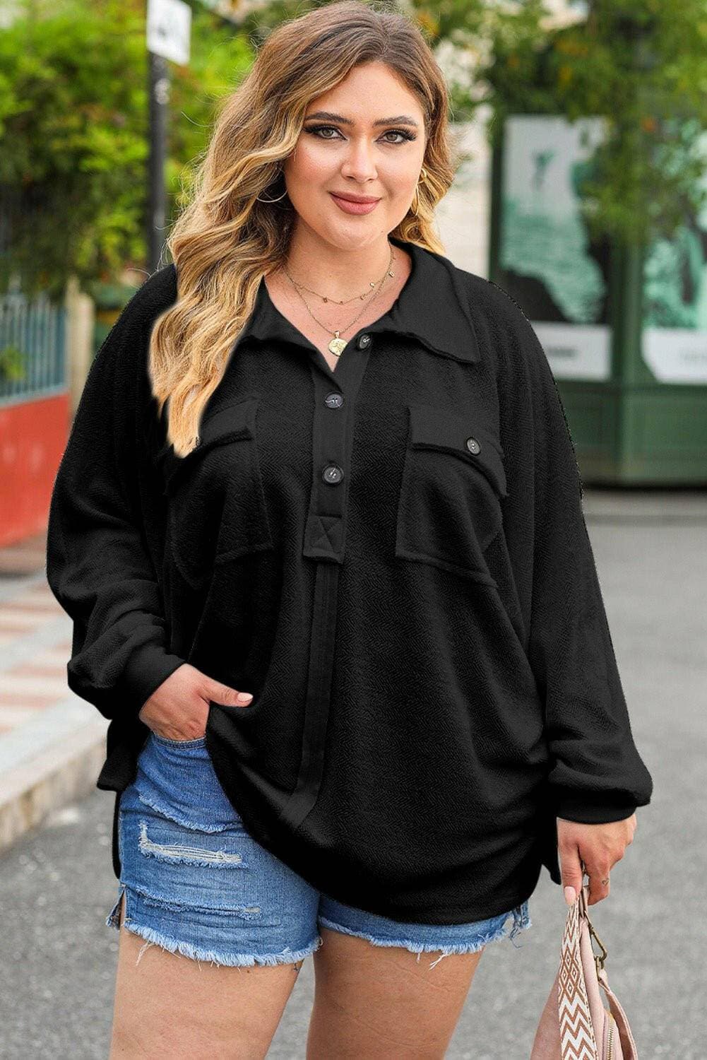 Curvy Chic Button-Up Collar Long Sleeve BlouseCurvy Chic Button-Up Collar Long Sleeve Blouse
 Indulge in sophistication with the Curvy Chic Button-Up Collar Long Sleeve Blouse, a timeless piece that exudes elegaLove Salve Collar Long Sleeve Blouseplus