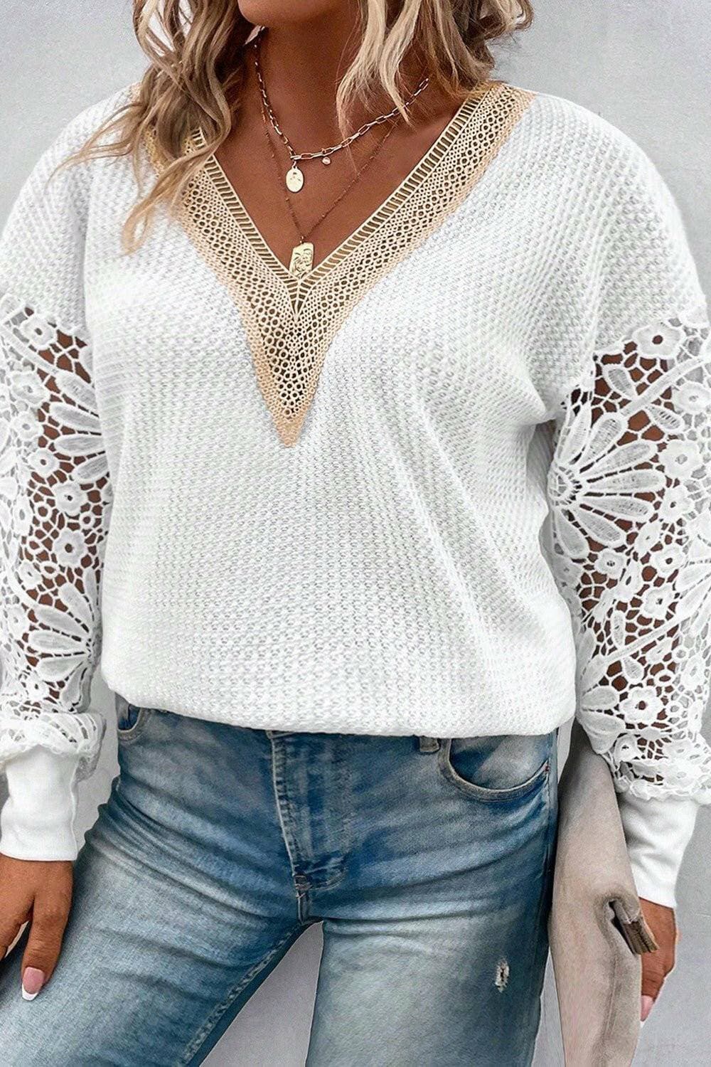 Waffle Knit V-Neck Crochet Blouse for Plus Size WomenUpgrade Your Wardrobe with the Waffle Knit V-Neck Crochet Blouse
 Step up your style game with our exquisite Waffle Knit V-Neck Crochet Blouse designed especially foLove Salve -Neck Crochet Blouseplus