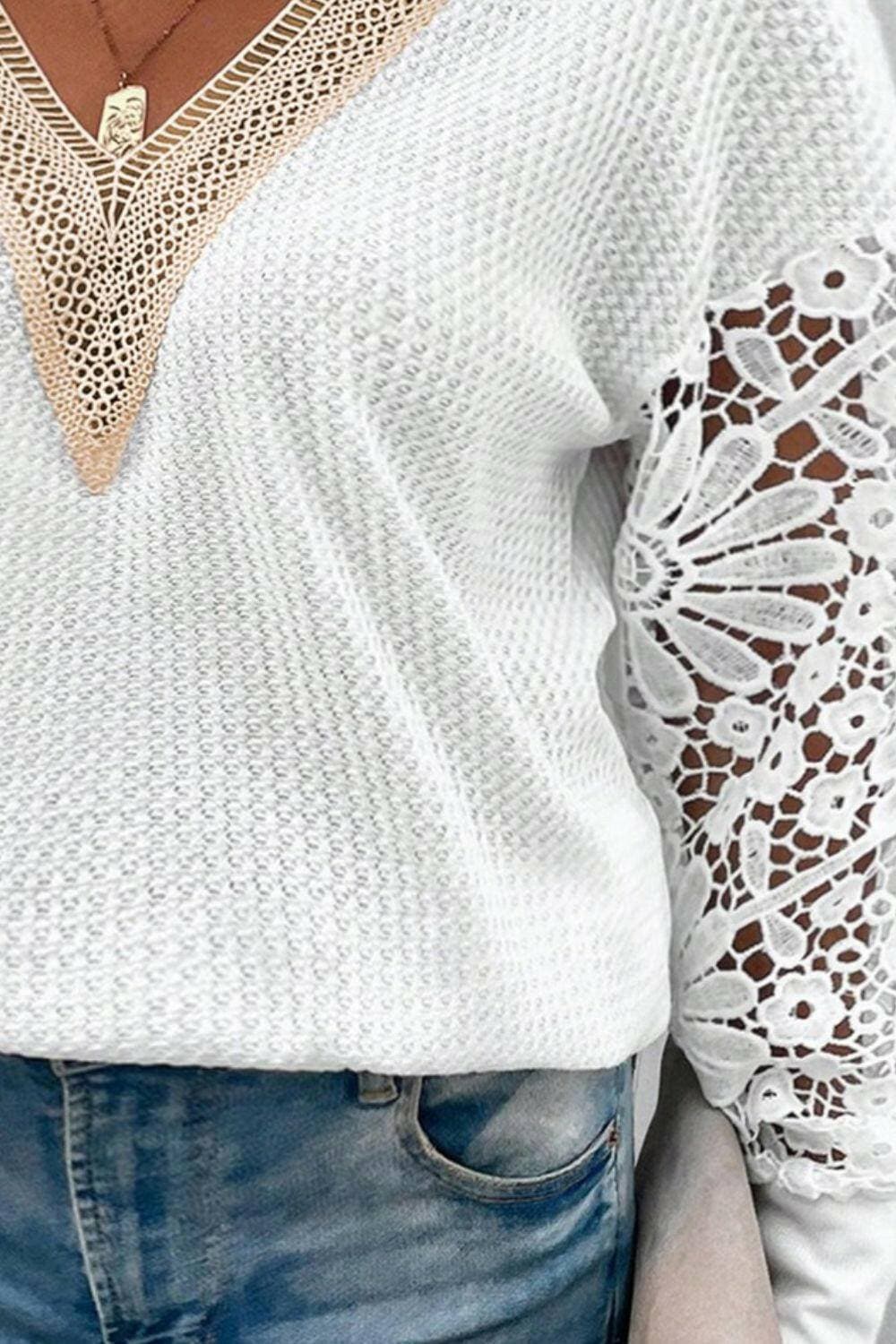 Waffle Knit V-Neck Crochet Blouse for Plus Size WomenUpgrade Your Wardrobe with the Waffle Knit V-Neck Crochet Blouse
 Step up your style game with our exquisite Waffle Knit V-Neck Crochet Blouse designed especially foLove Salve -Neck Crochet Blouseplus