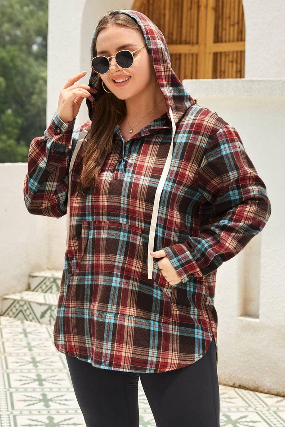 Plaid Print Plus Size Drawstring Quarter Button HoodiePlaid Print Plus Size Drawstring Quarter Button Hoodie
 
 Upgrade your casual wardrobe with our Plaid Print Plus Size Hoodie! Stay cozy and chic in this versatile piLove Salve Size Drawstring Quarter Button Hoodieplus