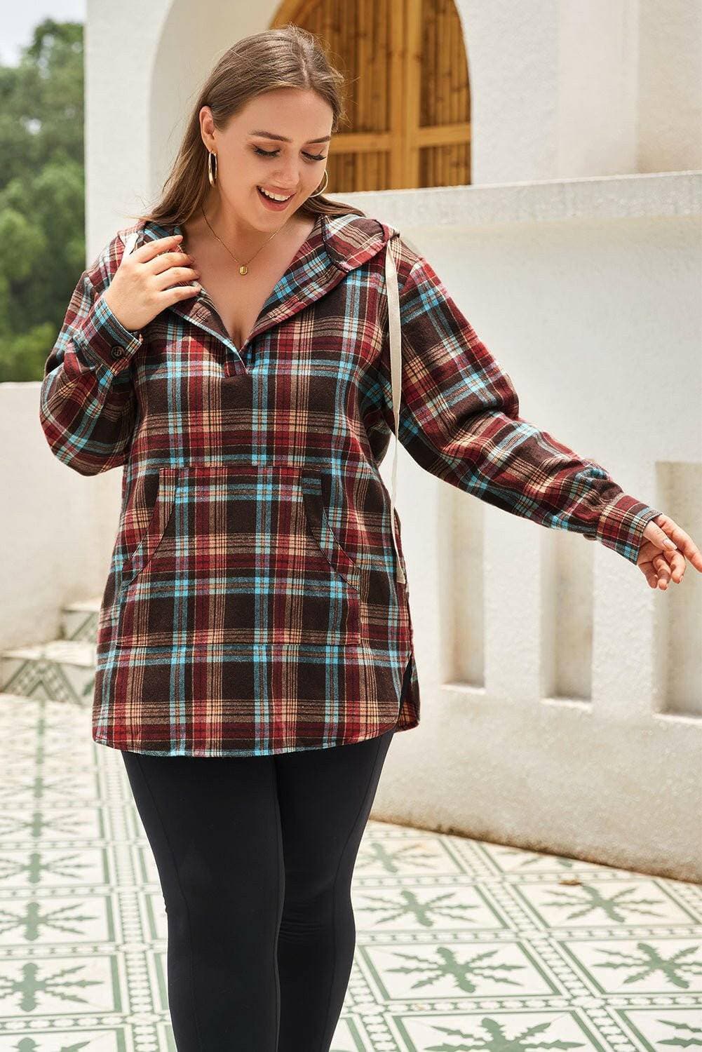 Plaid Print Plus Size Drawstring Quarter Button HoodiePlaid Print Plus Size Drawstring Quarter Button Hoodie
 
 Upgrade your casual wardrobe with our Plaid Print Plus Size Hoodie! Stay cozy and chic in this versatile piLove Salve Size Drawstring Quarter Button Hoodieplus