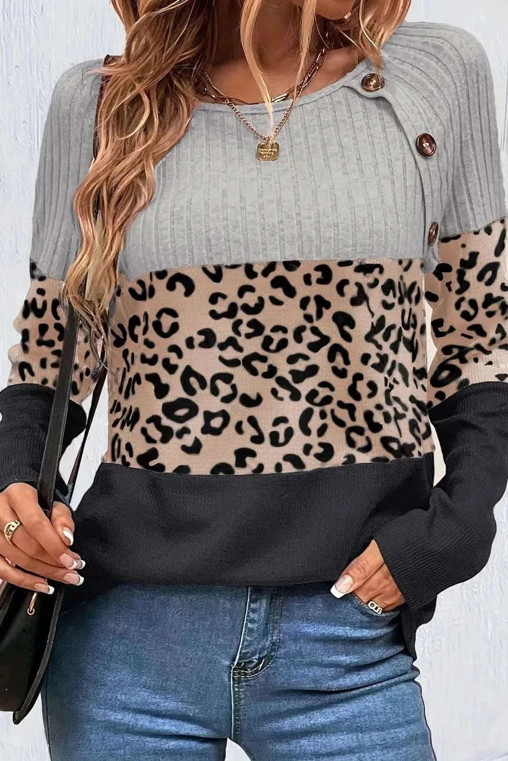 Leopard print long sleeve top with buttons - Love Salve 