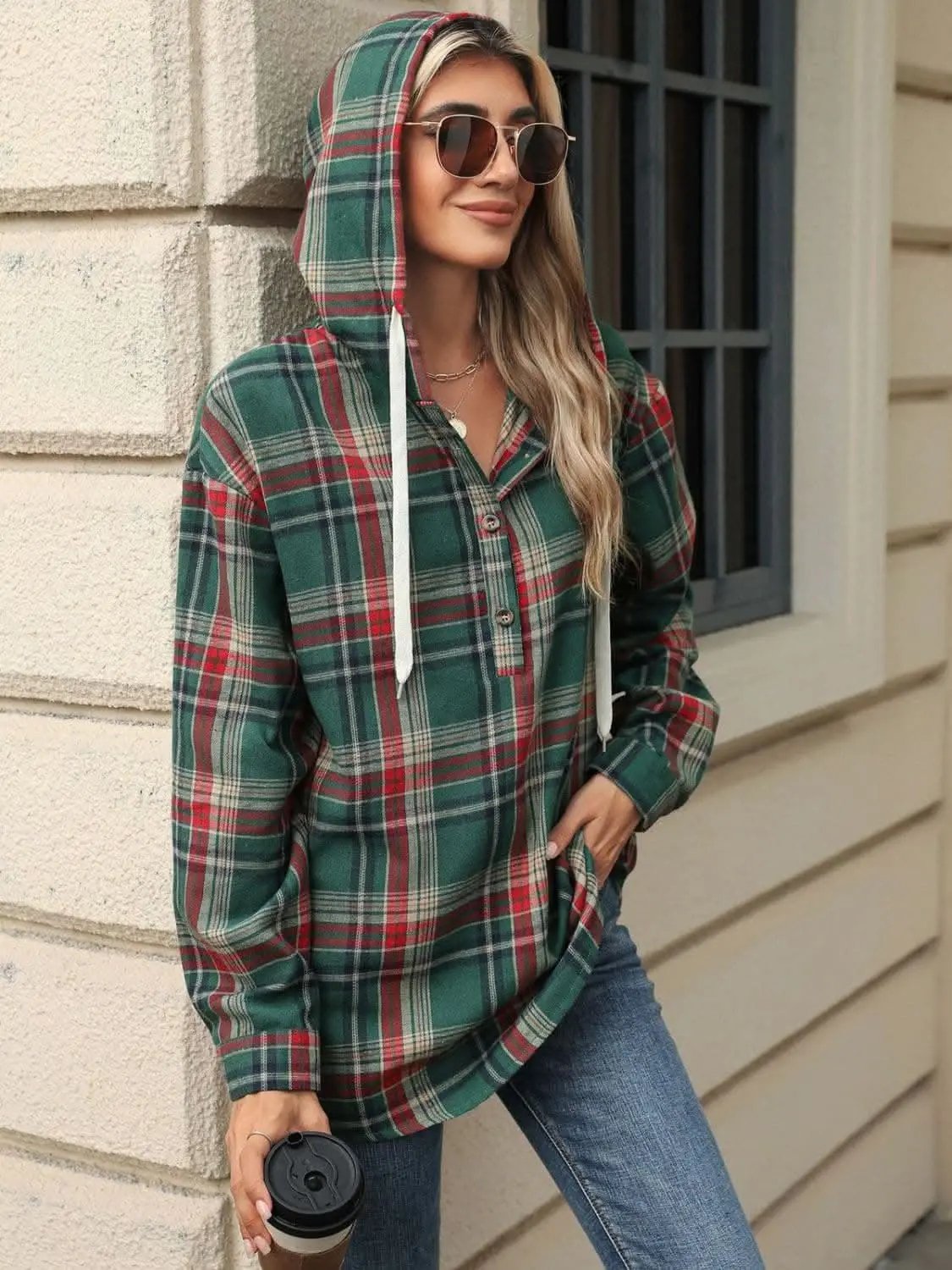 Plaid Hooded Long Sleeve Shirt - Love Salve 