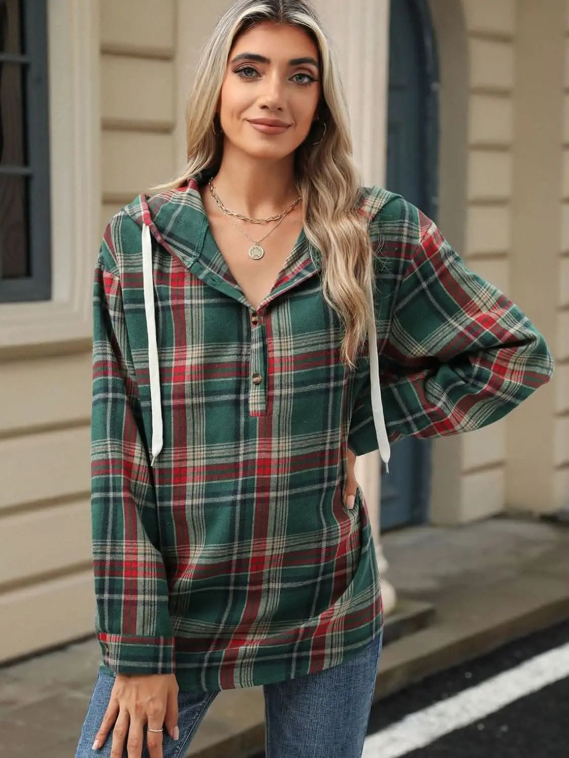 Plaid Hooded Long Sleeve Shirt - Love Salve 